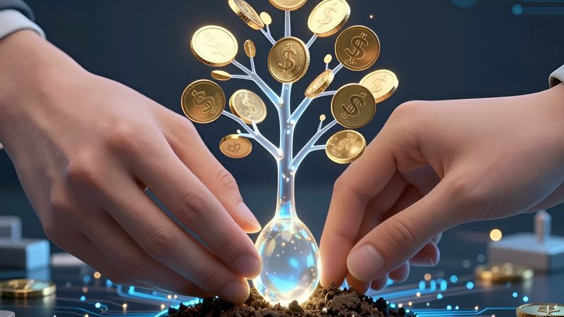 Руки сажают цифровое семя с золотыми монетами для заработка на реферальных программах WebMoney 2026