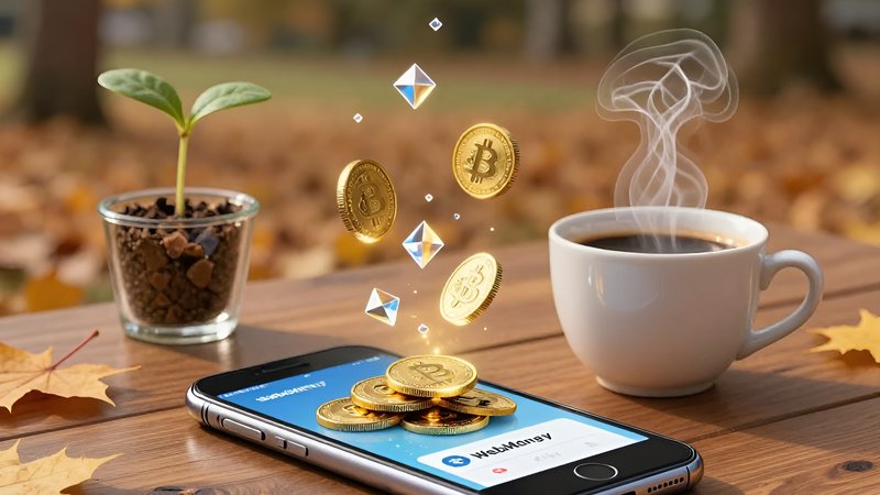 Смартфон с парящими золотыми монетами для пассивного дохода в осеннем пейзаже