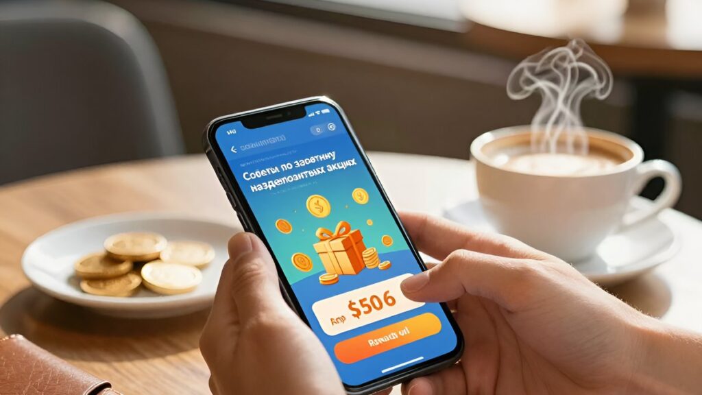 Смартфон с цифровыми наградами и монетами как практические советы по заработку на бездепозитных акциях